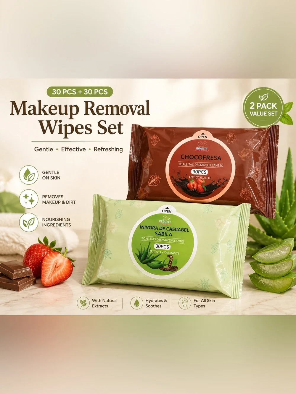 Makeup Removal Wipes Set - Aloe & Chocolate - 2 Pack